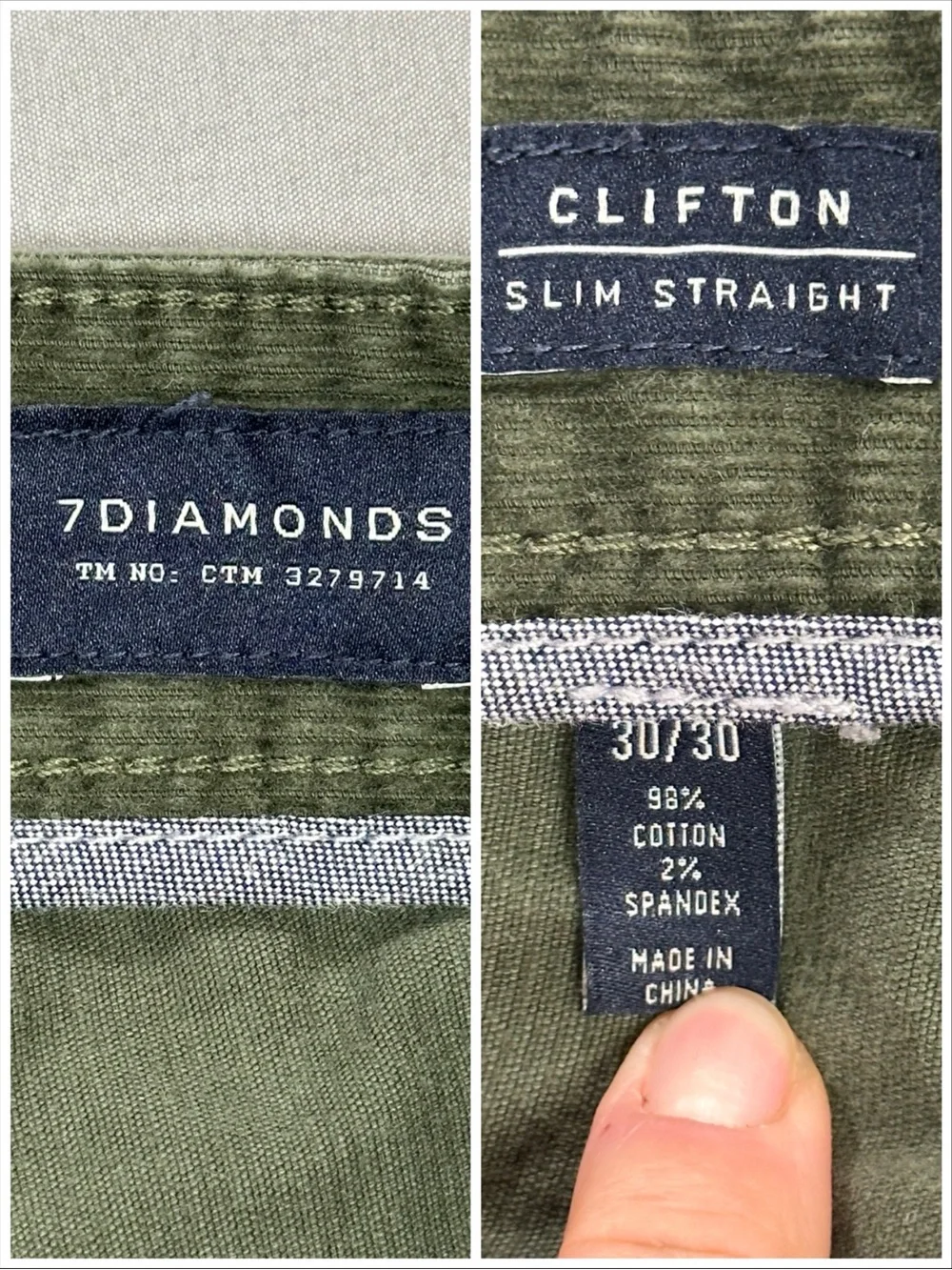7 Diamonds Clifton Slim Straight, Olive Green Corduroy - Mens 30x30